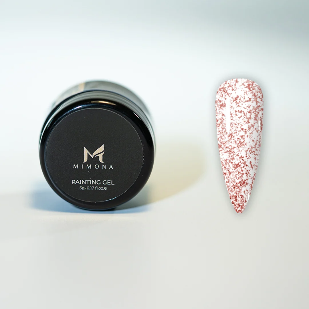 Rose Gold Painting Gel 5g by Mimona with sparkling rose gold nail sample